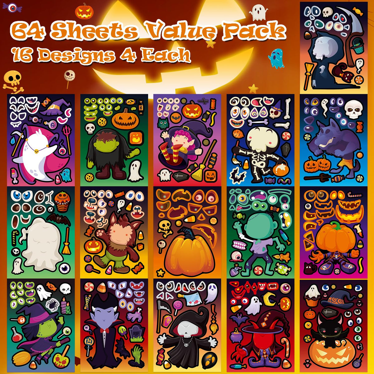 Aowplc 64 Sheets Halloween Party Games Stickers for Kids Make Your Own Stickers with 16 Different Designs Cute Halloween Party Favors Crafts Supplies
