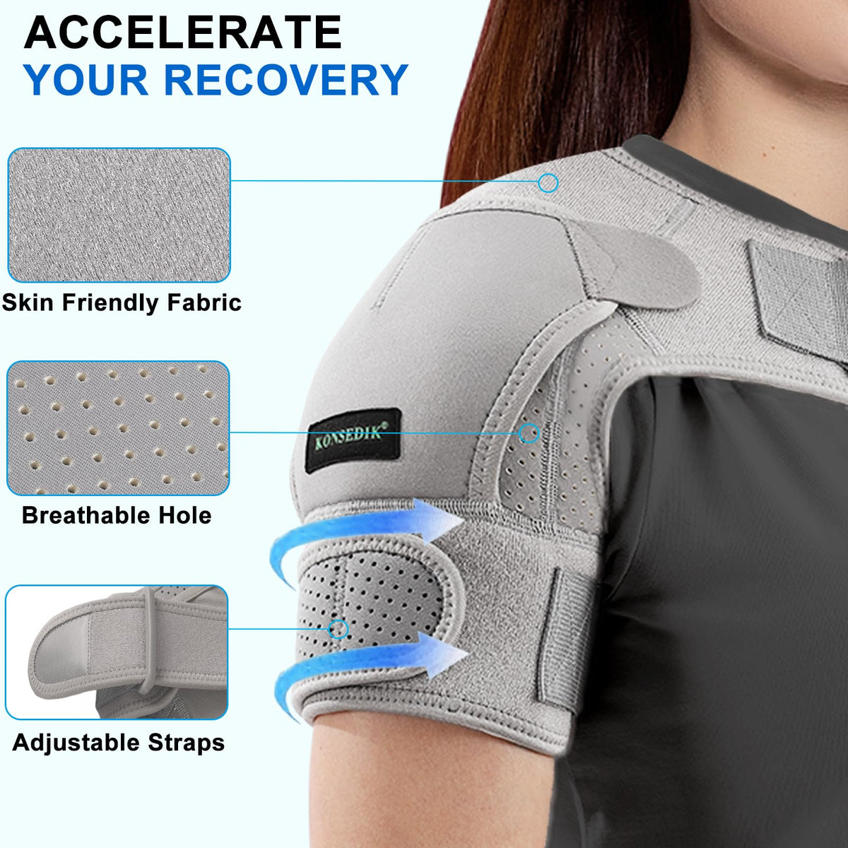 KONSEDIK Shoulder Brace Immobilizer with Ice Pack,Compression Rotator Cuff Support for AC Joint Pain Relief,Frozen Shoulder,Dislocation,Labrum Tear,Adjustable Wrap for Men&Women Left/Right(Gray,Small)