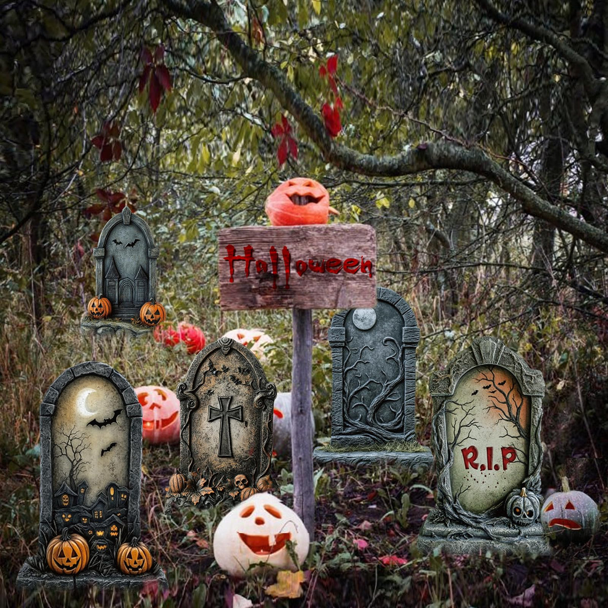 ORNALES 6 Pieces Halloween Tombstone Yard Signs, Waterproof Tombstone Halloween Yard Decorations with Stakes, Ghost Skull Pumpkin Graveyard Design for Outdoor Yard, Garden Lawn, Holiday Party