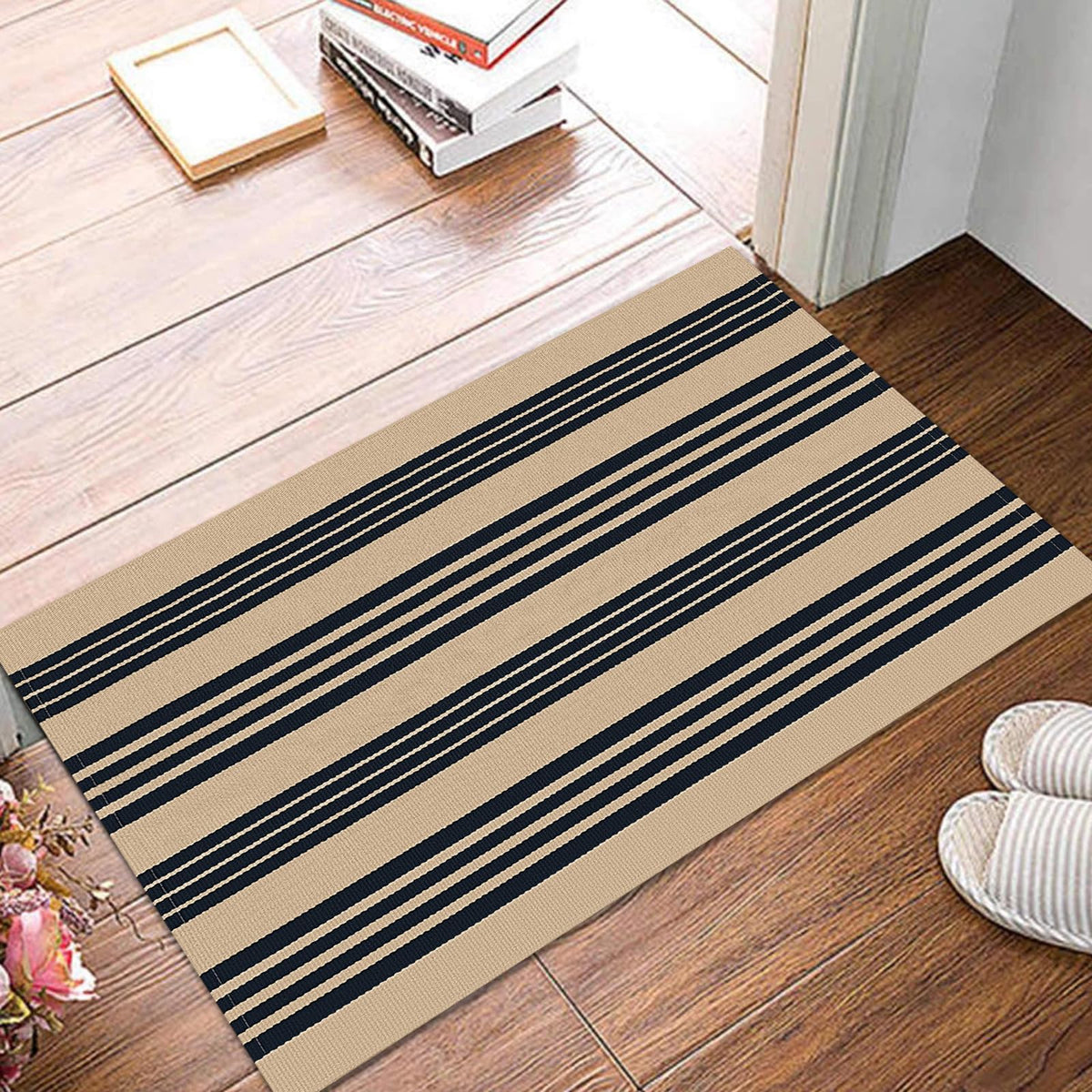KOZYFLY Striped Front Door Mat 2x3 Ft Brown and Black Cotton Washable Indoor Outdoor Rug Doormats Small Area Rugs for Kitchen Entryway Porch