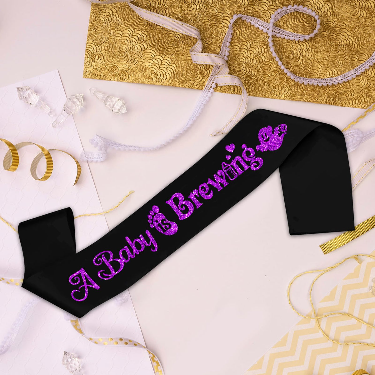 A Baby is Brewing Black Sash - Purple Foil Halloween Theme Baby Shower Gender Reveal Party Accessories - Pregnancy Celebration Party Decoration