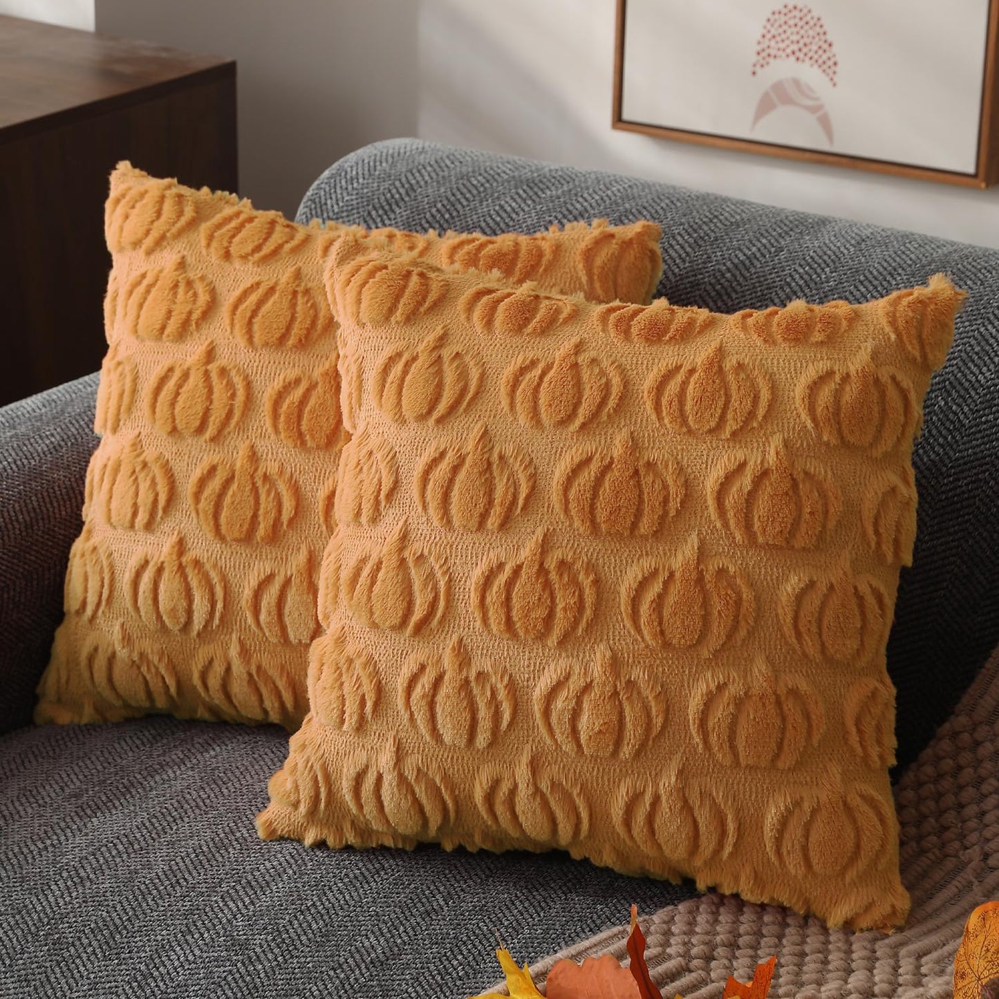 DFXSZ Fall Pillow Covers 18x18 Set of 2 Fall Decorations Light Orange Pumpkin Throw Pillow Cases Soft Plush Faux Fur Wool Couch Cushion Case for Chair Sofa Bedroom Living Room Home Decor PTK02D18