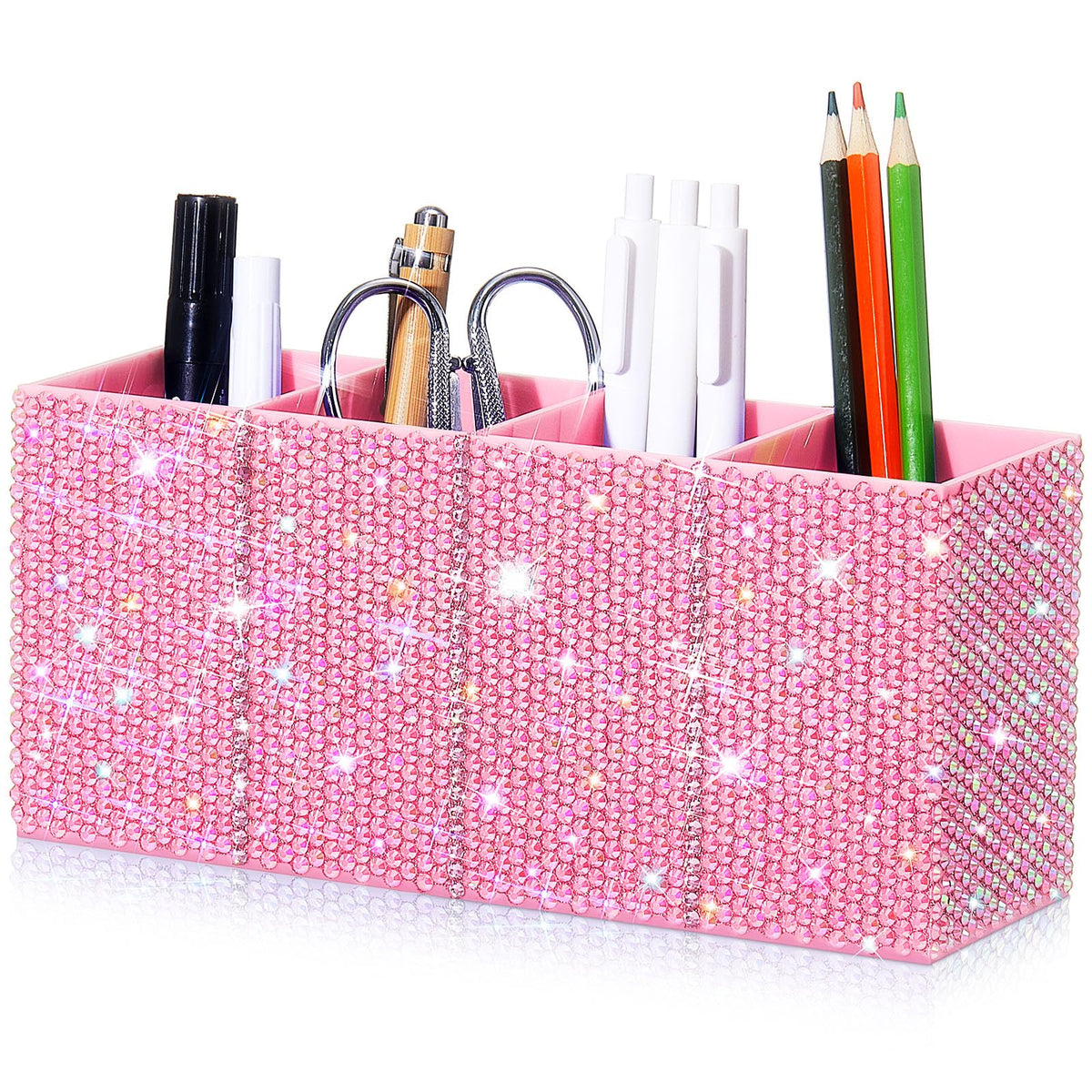 Resholder Bling Desk Organizer for Women, Rhinestone Pen Makeup Brush Holder, Girly Desk Accessories Organizer for Office Classroom Elevate Your Workspace with Serenity(Rhinestone,Pink)