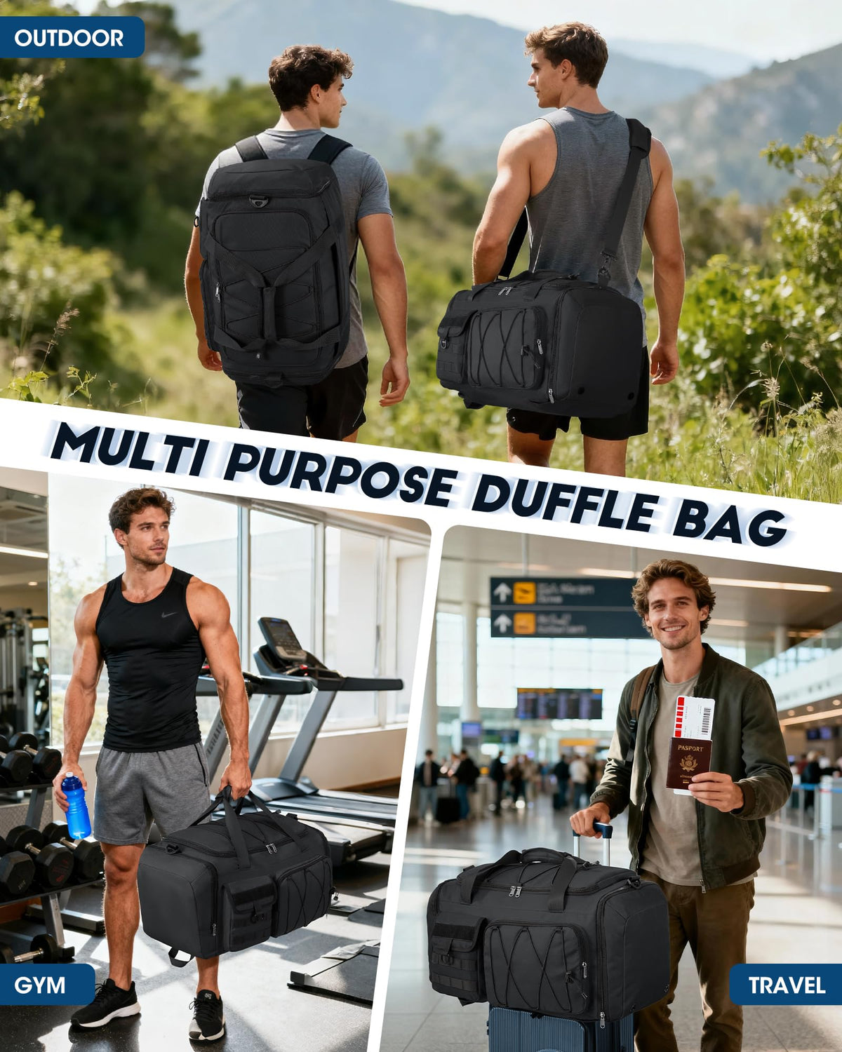 SDYSM Gym Bag for Men 45L Sports Duffel Bags 3-in-1 Travel Duffel Bag with Shoe Compartment, Gym Workout Backpack Carry On Weekender Bag Overnight Bag for Travel, Black
