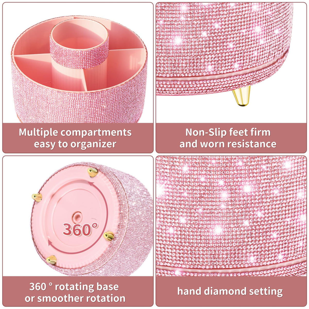 fanado Bling Diamond Makeup Brush Holder, 360° Rotating Makeup Organizer, 5 Slot Make up Brushes Cup for Countertop, Storage for Cosmetics Pen Eyeliner Skincare on the Vanity (Diamond Pink)