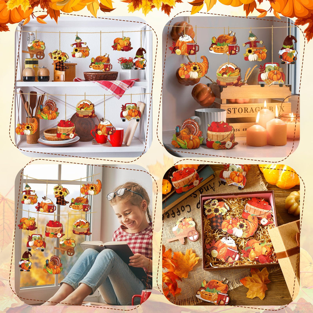 Huwena 36 Pcs Thanksgiving Tree Ornaments Fall Tree Decorations Pumpkin Scarecrow Turkey Gnome Wood Cutouts with Ropes Fall Wooden Ornaments for Autumn Harvest Party Decor