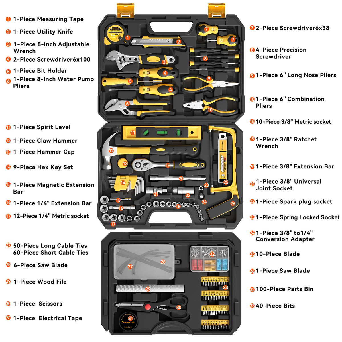 CRESOLVIA 328 Piece Tool Kit for Home,Hand Repair Tool Set,Toolbox Storage Case with Drawer,General Household/Auto Tool Kit,Perfect for Homeowner, DIY, Handyman