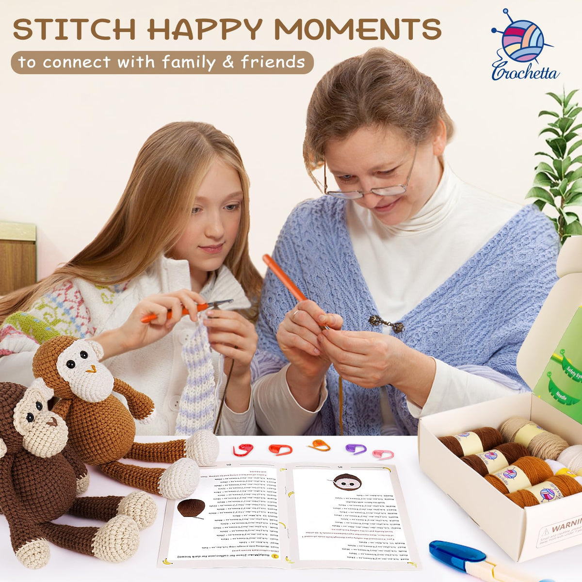 Crochetta Crochet Kit for Beginners, Crochet Kits with Step-by-Step Video Tutorials, Learn to Crochet Animal Kit for Adults Kids, DIY Craft Knitting Supplies, Monkey Amigurumi Gift(40%+ Yarn)