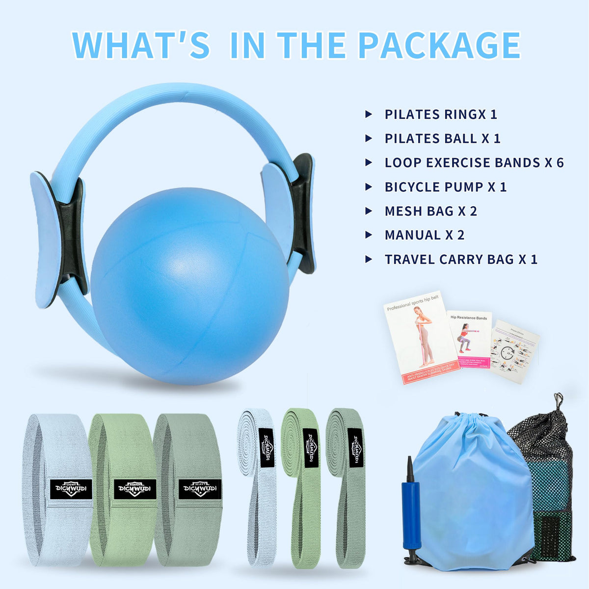 DICYWUDI Pilates Essentials Kit for Home Women, Pilates Equipment for Workouts, 6 Fabric Resistance Bands, 12 Inch Magic Circle Yoga Ring, Mini Exercise Ball, Great Exercise Accessories