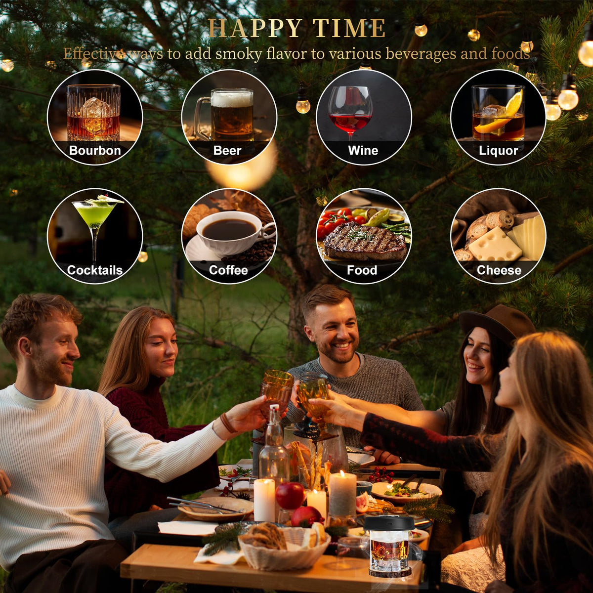 Audoyon Electric Whiskey Smoker Kit with 7-Color Lights, 6 Flavors Wood Chips Cocktail Shaker with Sphere Ice Mold & Stainless Steel Ice Cubes, Old Fashioned Smoker for Father's Day, Gifts for Him