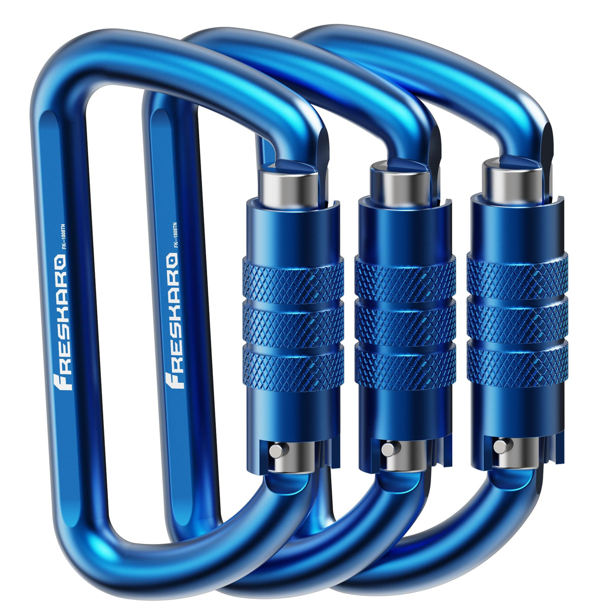 FresKaro 3 inch Locking Carabiner Clips-Twist Auto Lock Caribeener, Heavy Duty Keychain Key carabeaner Hooks, 7075 Aerial Aluminum Ultra Light, for Hammock, Hiking, Yoga Swing, Camping, 3pcs, Blue