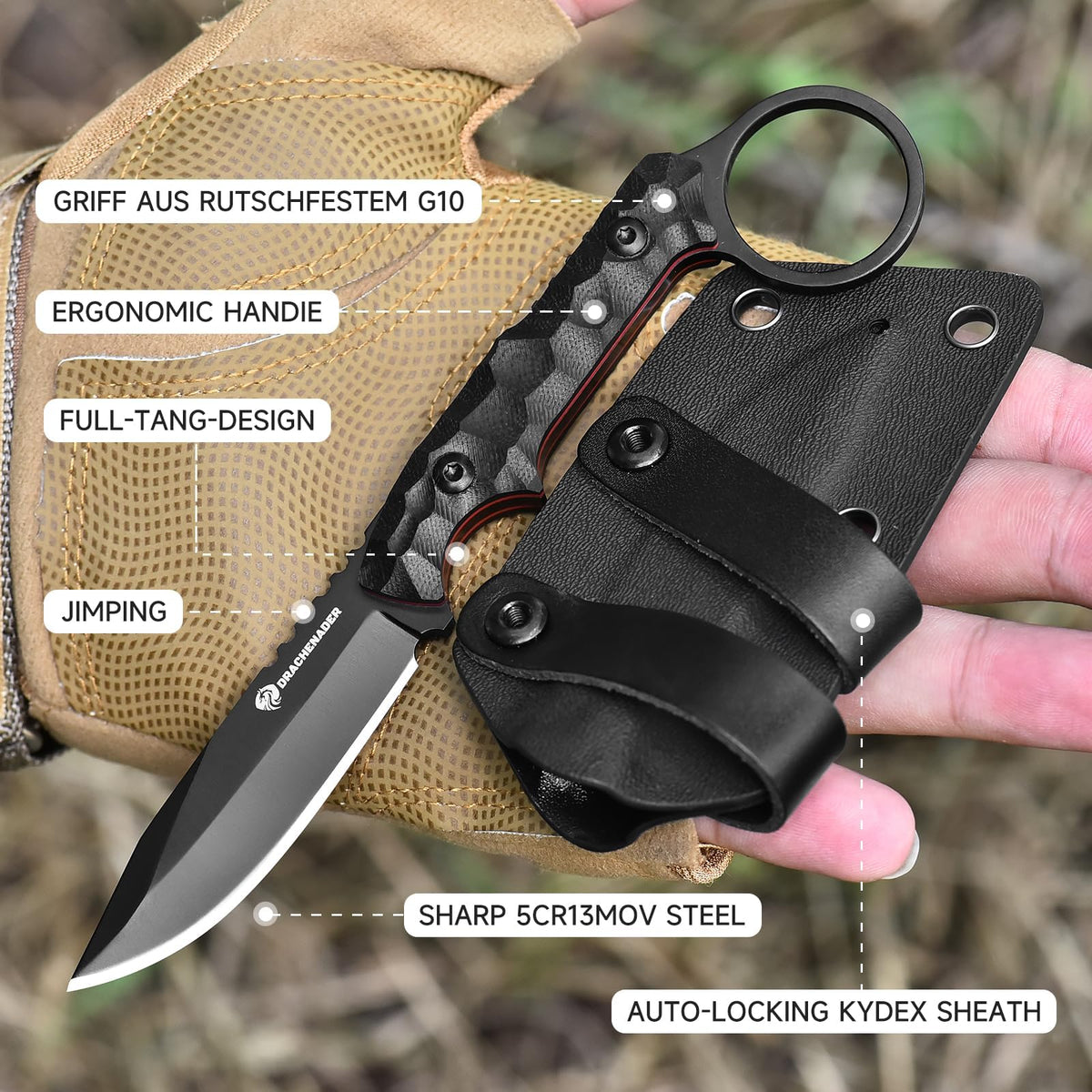 DRACHENADER EDC Fixed Blade Knife with Sheath 7.08" Small Horizontal Carry Knifes with Kydex Sheath, Full Tang 5Cr13MoV Stainless Steel, Black, Neck Knife, Men Gifts