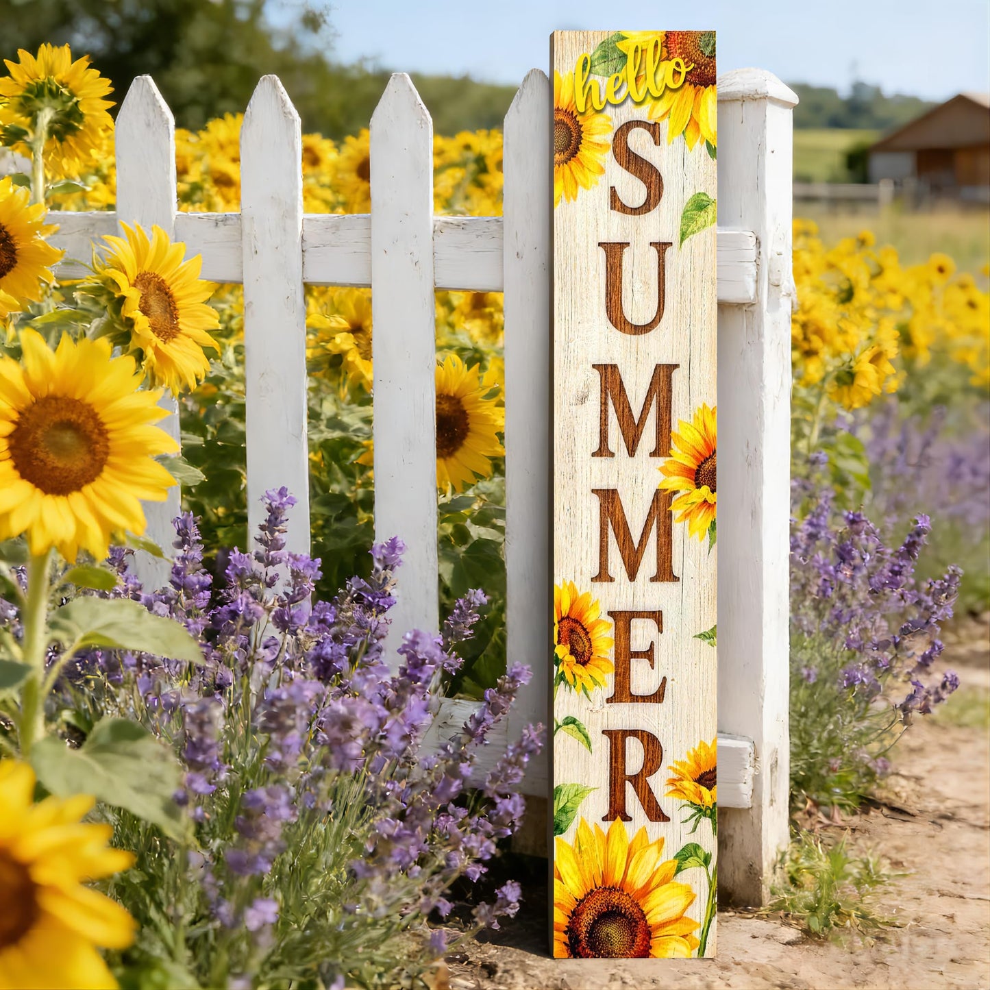 Hello Summer wooden porch sign Vertical hanging decorations Welcome sign front door standing Decorative sign 47x7.8Inch Sunflower pattern Suitable for Outside Decor