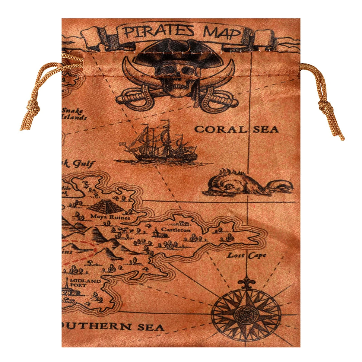 RICHNESS 16pcs Pirate Party Favor Bags Treasure Map Bag with Drawstring Closure Satin Party Loot Bags 4.5X6 Inches Goodie Bags