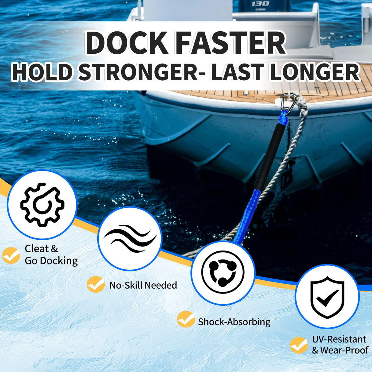 ZRSCHYG Blue Bungee Dock Lines 2-Pack with Double Hooks & Floating Tubes – Heavy Duty Boat Ropes for Jet Ski, Pontoon, Kayak – 4ft to 6ft, 316 Stainless Steel, Shock Absorbing