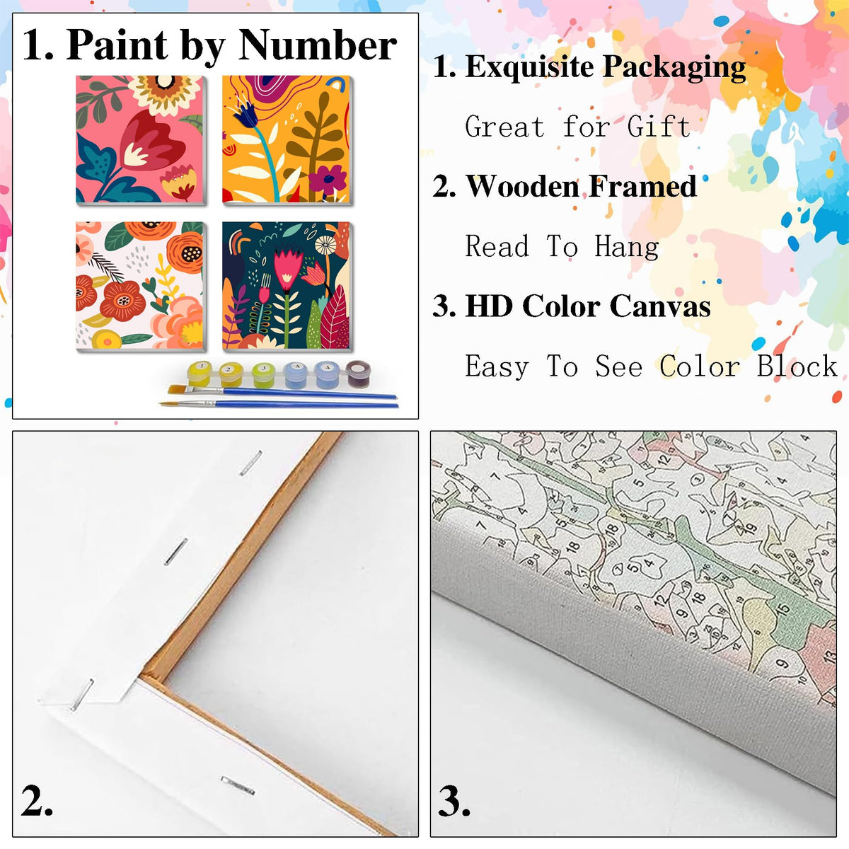 eimivrc 4 Pack Paint by Numbers Kit for Adults Framed,Flowers Paint by Numbers for Adults Beginner,DIY Acrylic Oil Painting for Home Wall Decor(8x8inch)