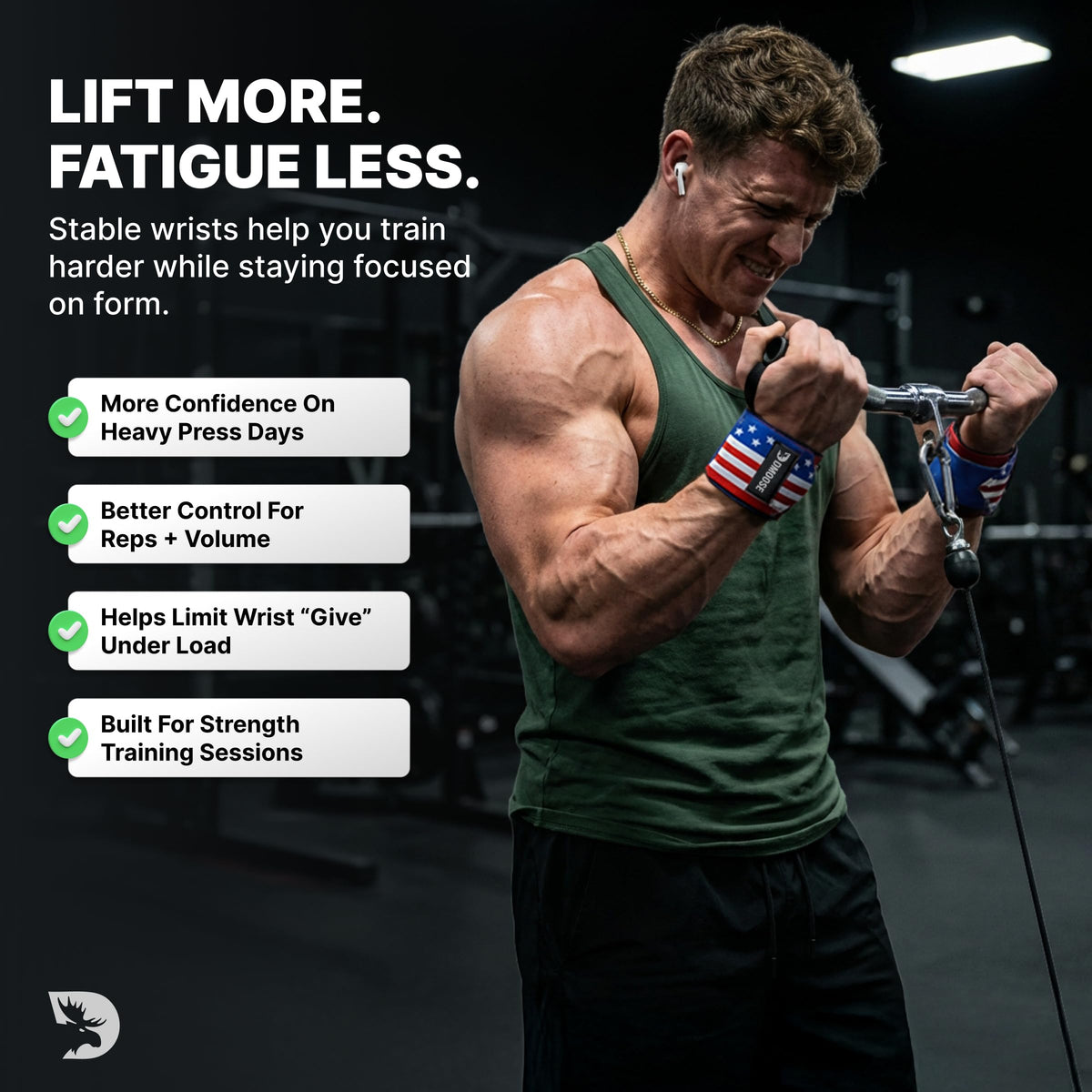 DMoose Wrist Wraps Weightlifting Men 12 and 18 Inches Thumb Loops with Wrist Support for Workouts Powerlifting Wrist Straps for Weight Lifting Men and Women American III