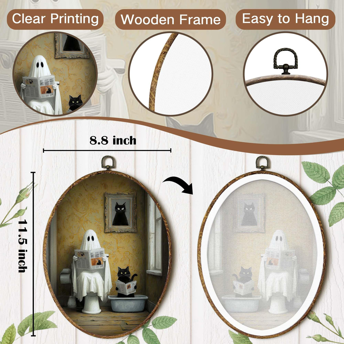 FSTCSV Funny Ghost Black Cat Bathroom Oval Wall Art Framed, Halloween Ghost Cat Canvas Prints Wall Hanging Art, Funny BlackCat in Litter Box Toilet Oval Walls Decor for Bathroom, 8.8x11.5in