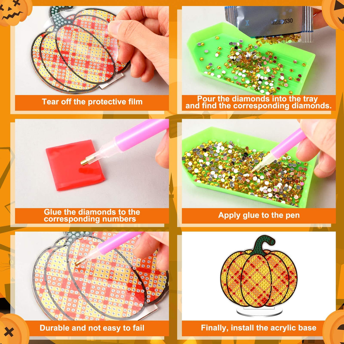 DoubleFill 9 Pcs Luminous Thanksgiving Diamond Painting Tabletop Decor Double Sided Thanksgiving Pumpkin Diamond Art Kits for Adults Glow in The Dark Pumpkin Centerpieces for Table Desktop DIY Crafts