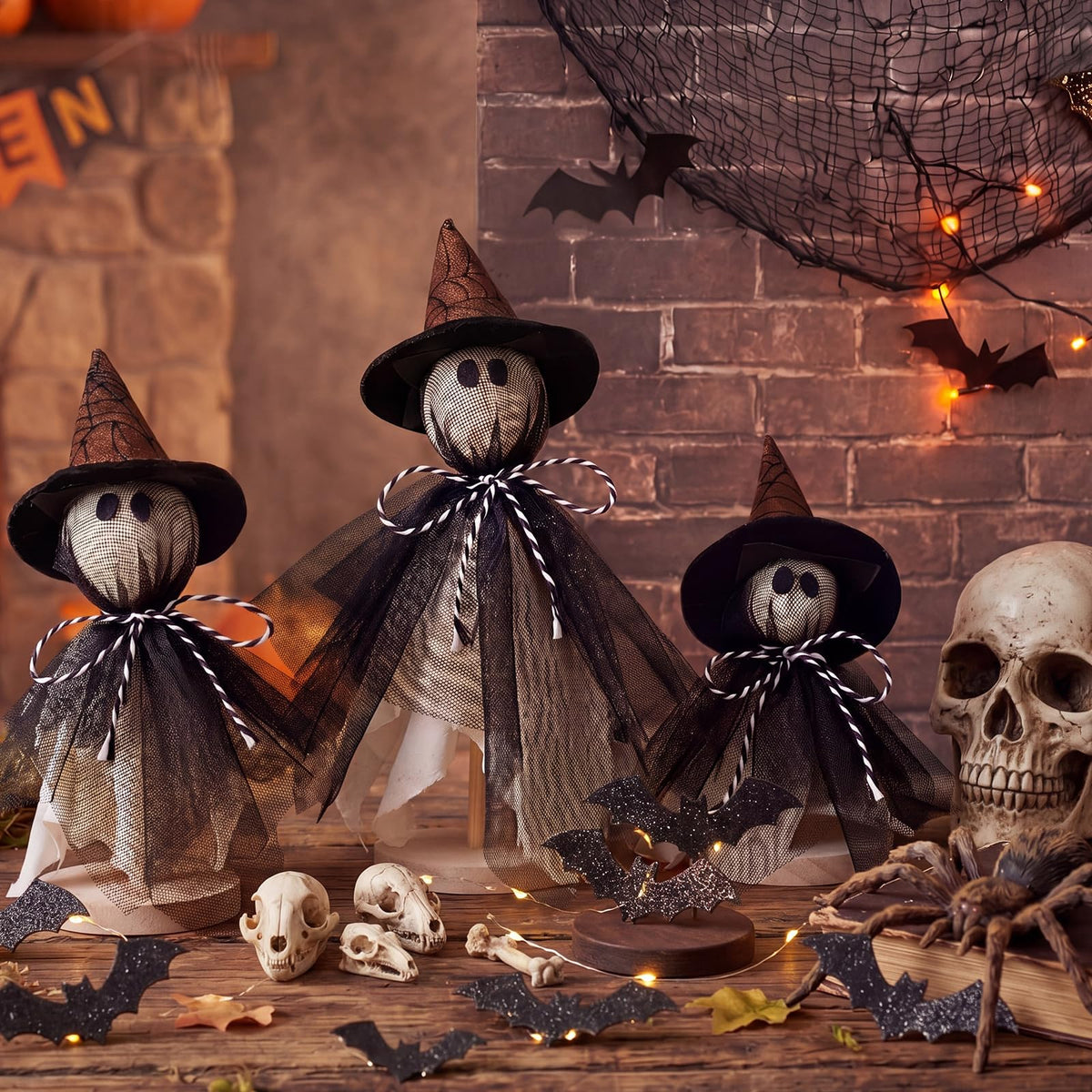 Redbaker 3 Pcs Halloween Decorations Indoor Primitive Halloween Ghost with Witch Hat on Wood Stand Spooky Ghost Tiered Tray Decor Rustic Table Centerpiece for Home Office Mantel Shelf (Black, Gothic)