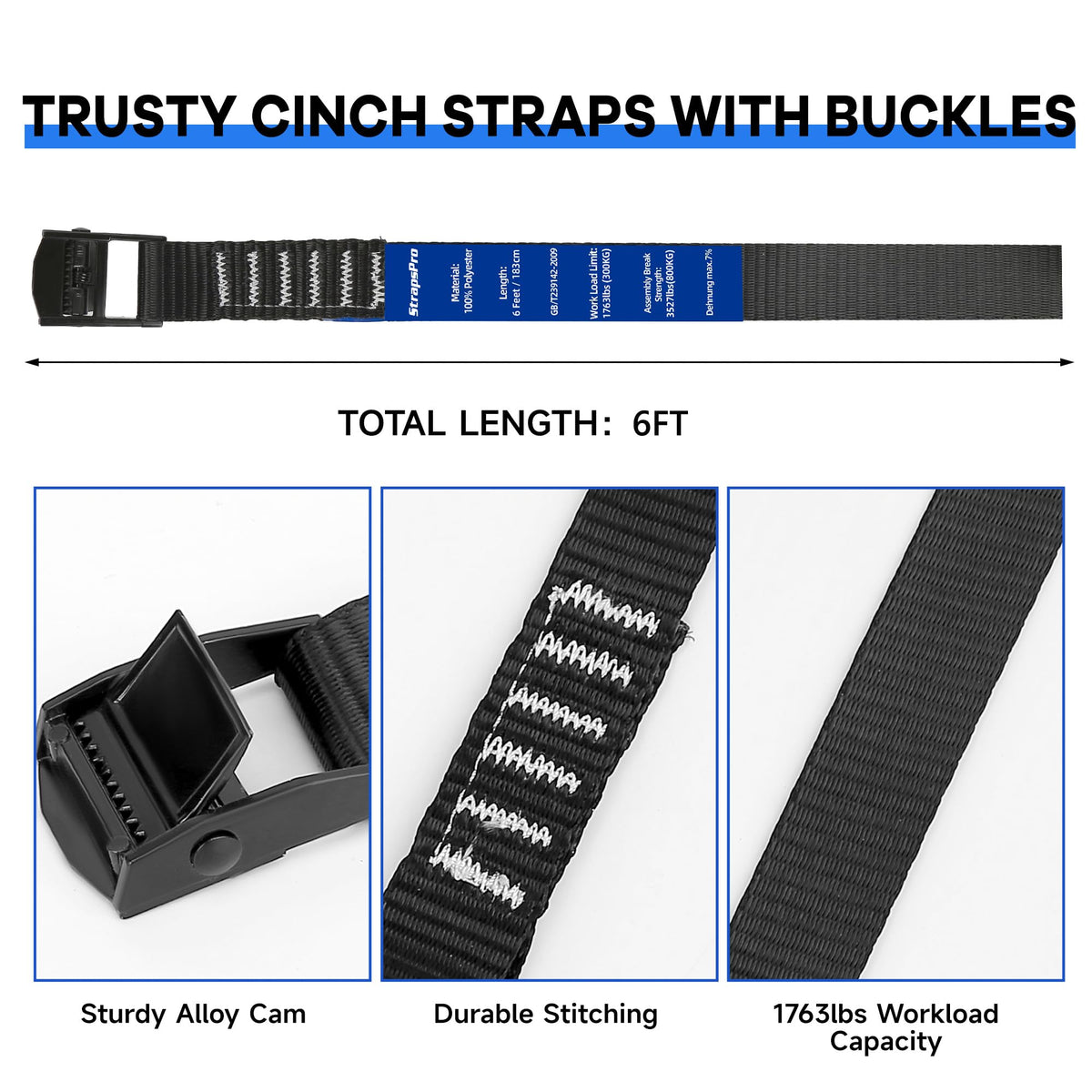 Cinch Strap, 6ft x 1 Inch Wide Lashing Straps with Buckles Adjustable Cam Straps, 1763lbs Heavy Duty Quick Pull Release Utility Nylon Black Cargo Tie Down Straps for Kayak Trucks Trailer Box, 12 Pack
