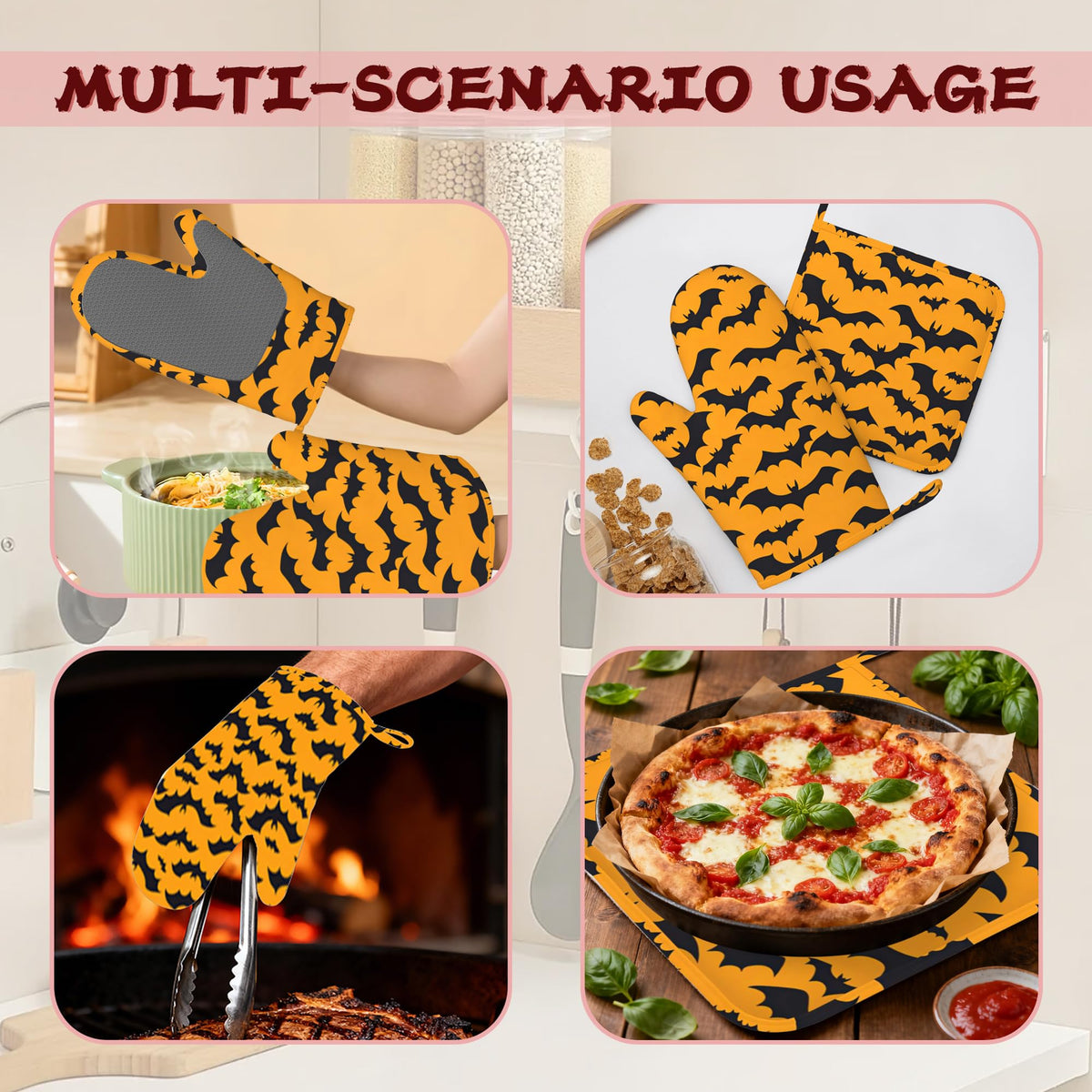 Halloween Bat Heat-Resistant Silicone Oven Mitts and Pot Holders 4 Piece Set,Extra Long Non-Slip Kitchen Oven Gloves for Cooking, Baking, BBQ,Grilling