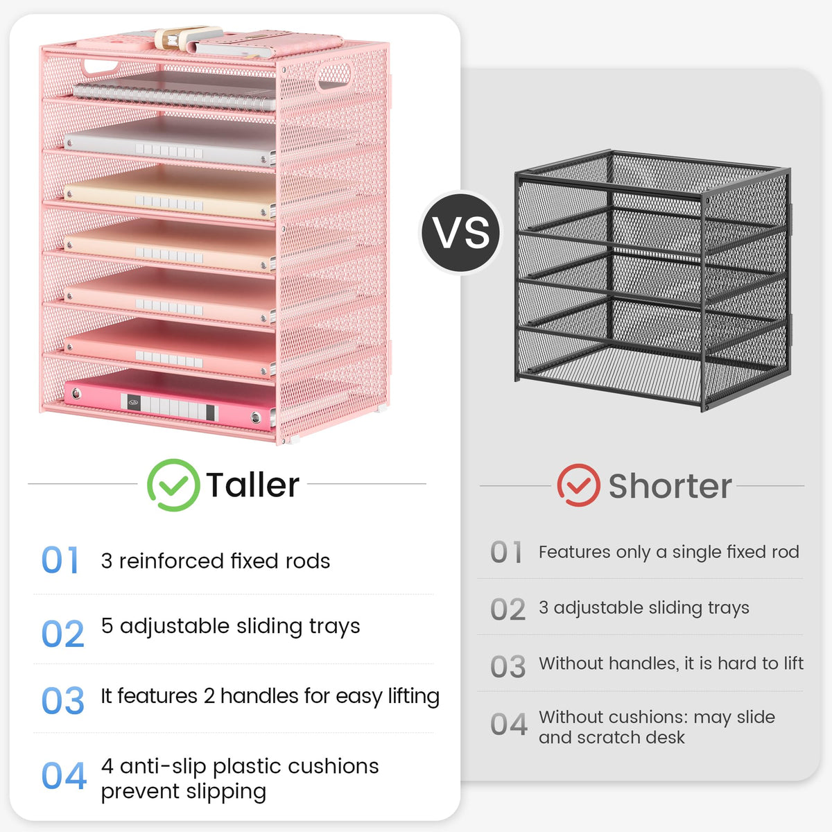 Lavatino 8-Tier Letter Tray Desk Paper Organizer, Mesh File Sorter Tray Organizer for Desk Office Supplies & Home Organization, Fits A4 Paper, Mail, Magazines and Office Accessories (Pink with Handle)