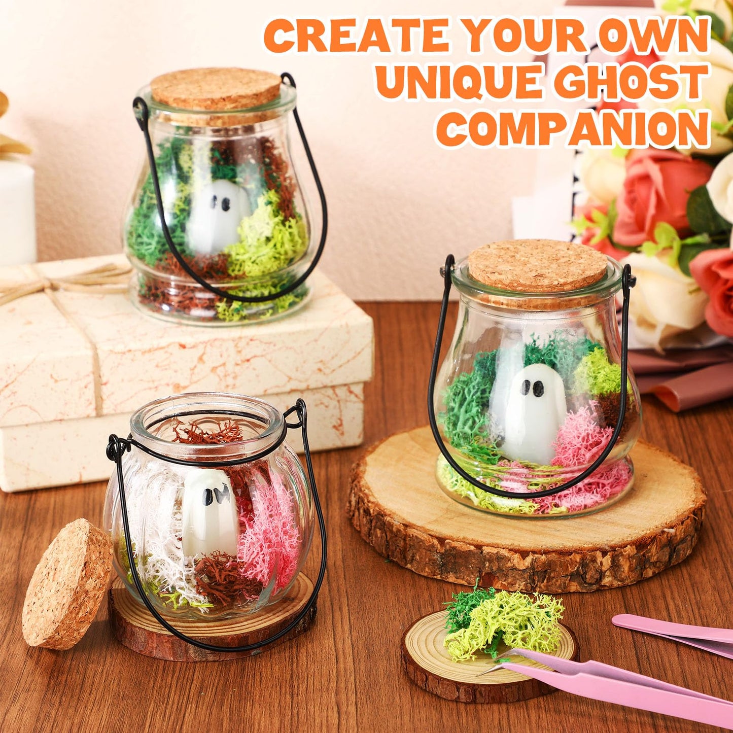 HyDren 6 Set Halloween Pet Ghost in a Jar Adopt a Ghost Glows in the Dark Pet in a Bottle with Moss Luminous Figurines in Glass Spooky Decor Creepy DIY Craft Gift Halloween Party Favor, 3.74 x 3.34In