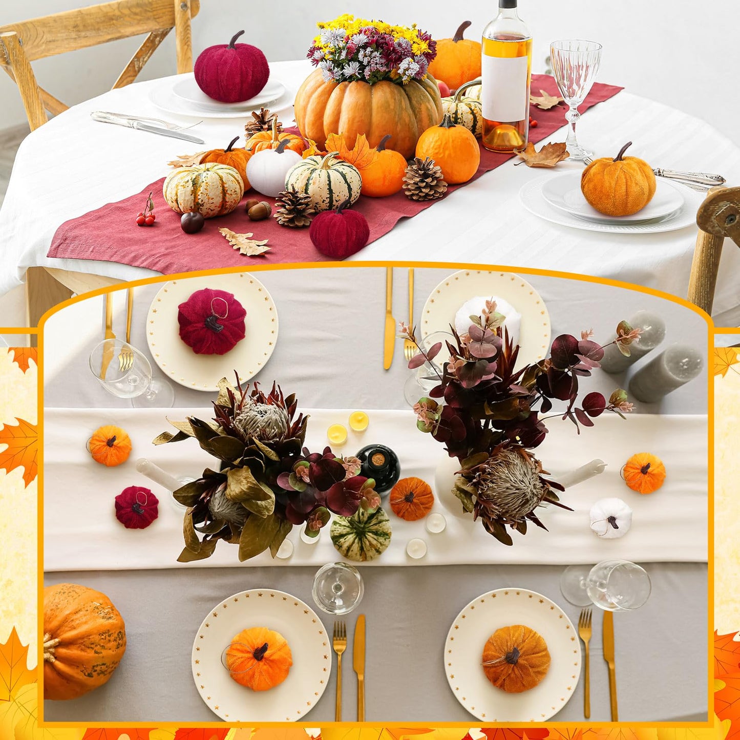 Sotiff 24 Pcs Fall Mini Tree Ornaments Pumpkin Hanging Ornaments Glitter Foam Ball Fabric Wrapped Small Fake Pumpkins Mini Ball for Autumn Home Thanksgiving Christmas Decors (Rustic)