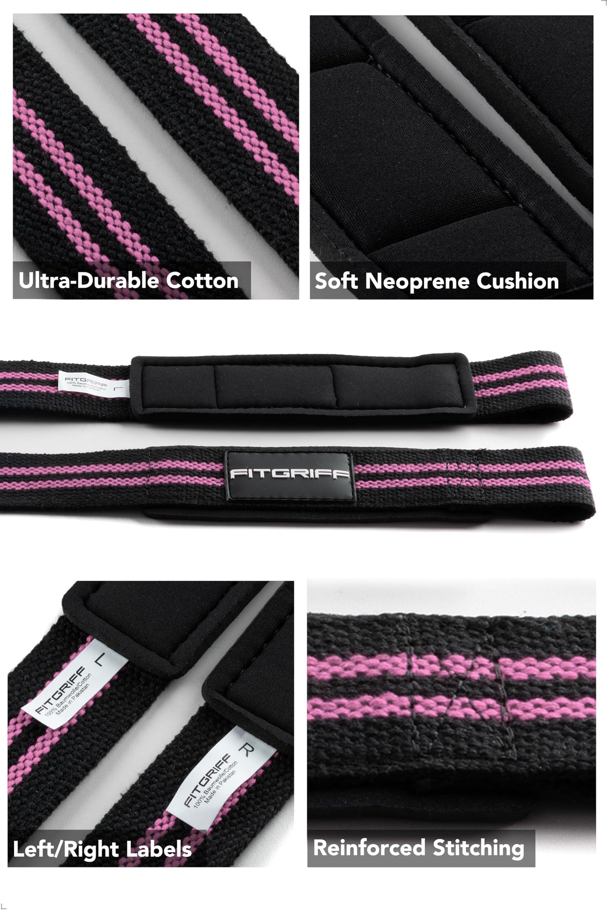 Fitgriff® Lifting Wrist Straps for Weightlifting, Gym, Deadlift, Workout (Made of Premium Cotton & Padded) - Men & Women (Standard, Black/Pink)