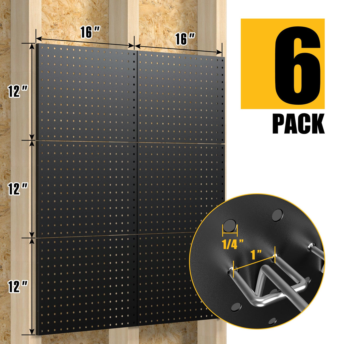 Spampur Peg Board, 6 Pack Metal Pegboard Panels Black Pegboards Wall Organizer with 50 Hooks, Heavy Duty Peg Board for Walls Home, Garage Tool Storage, Office Organization, Craft Room, Kitchen