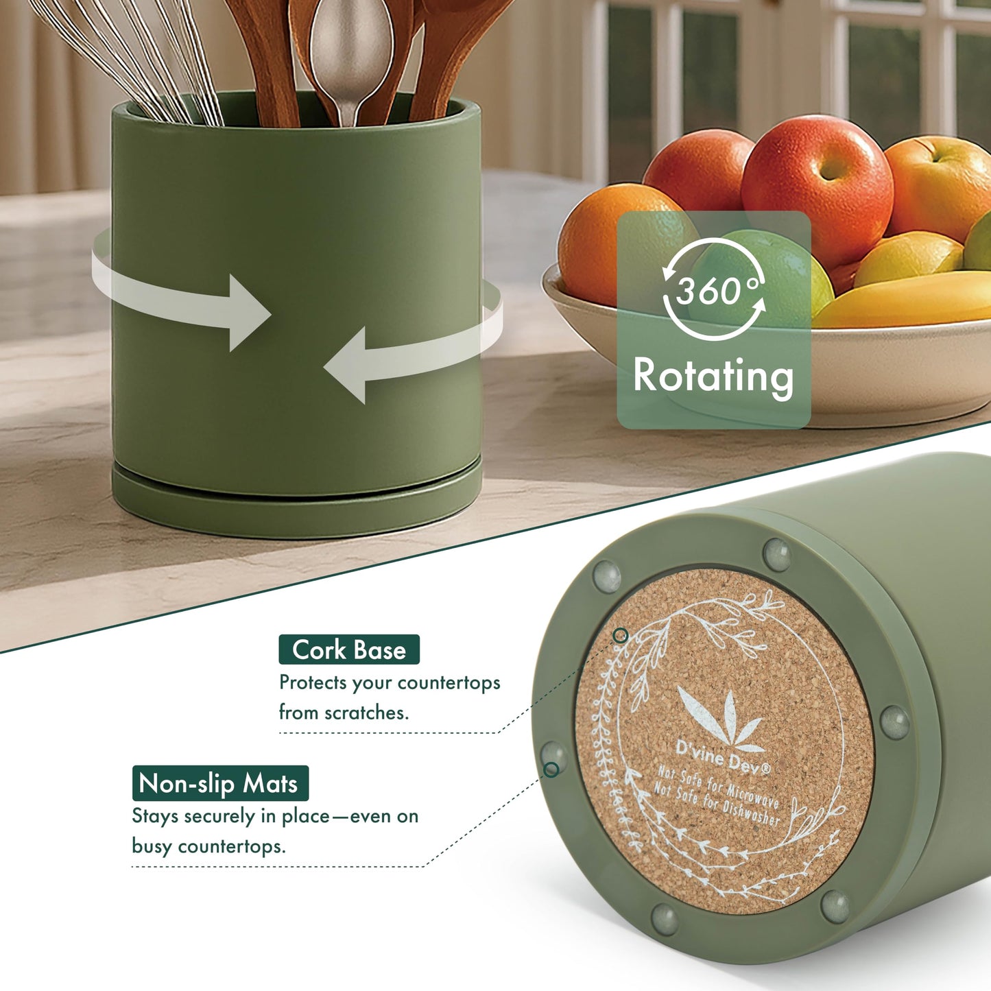 D'vine Dev 360° Rotating Utensil Holder – 7.2" Kitchen Utensil Crock for Countertop, Modern Cooking Tool Organizer for Kitchen Storage & Décor, Set of 2, Olive, 72-Y-C-2