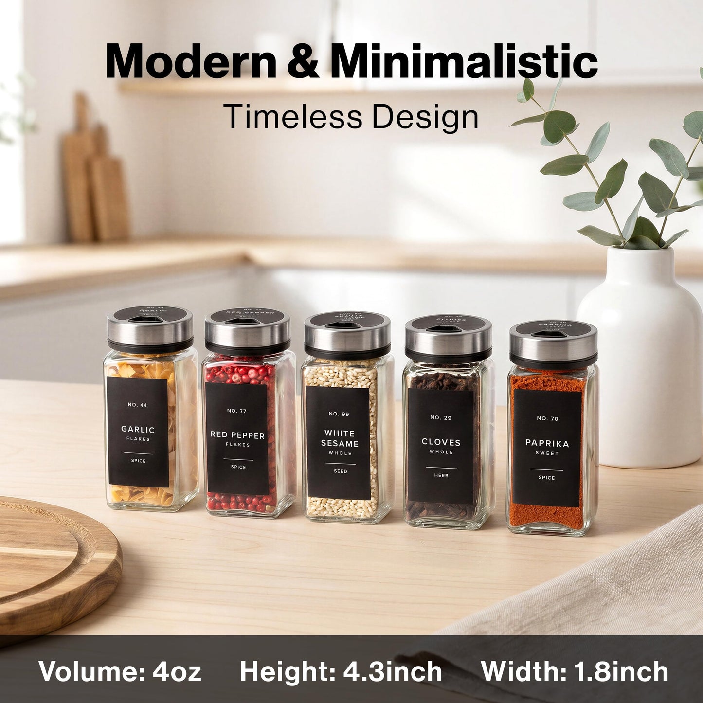 EDELHAUS Glass Spice Jars with Label and Silver Rotating Lids (24 x 4oz) Spice Containers with 240 Labels, Shaker Inserts, Steel Funnel, Empty Square Containers