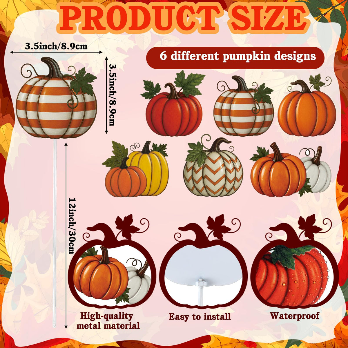 Shimeyao 6 Pcs Metal Fall Pumpkin Garden Stakes Harvest Metal Garden Signs 12 Inch Pumpkin Autumn Yard Stakes Outdoor Decor for Thanksgiving Home Lawn Porch Holiday Front Backyard