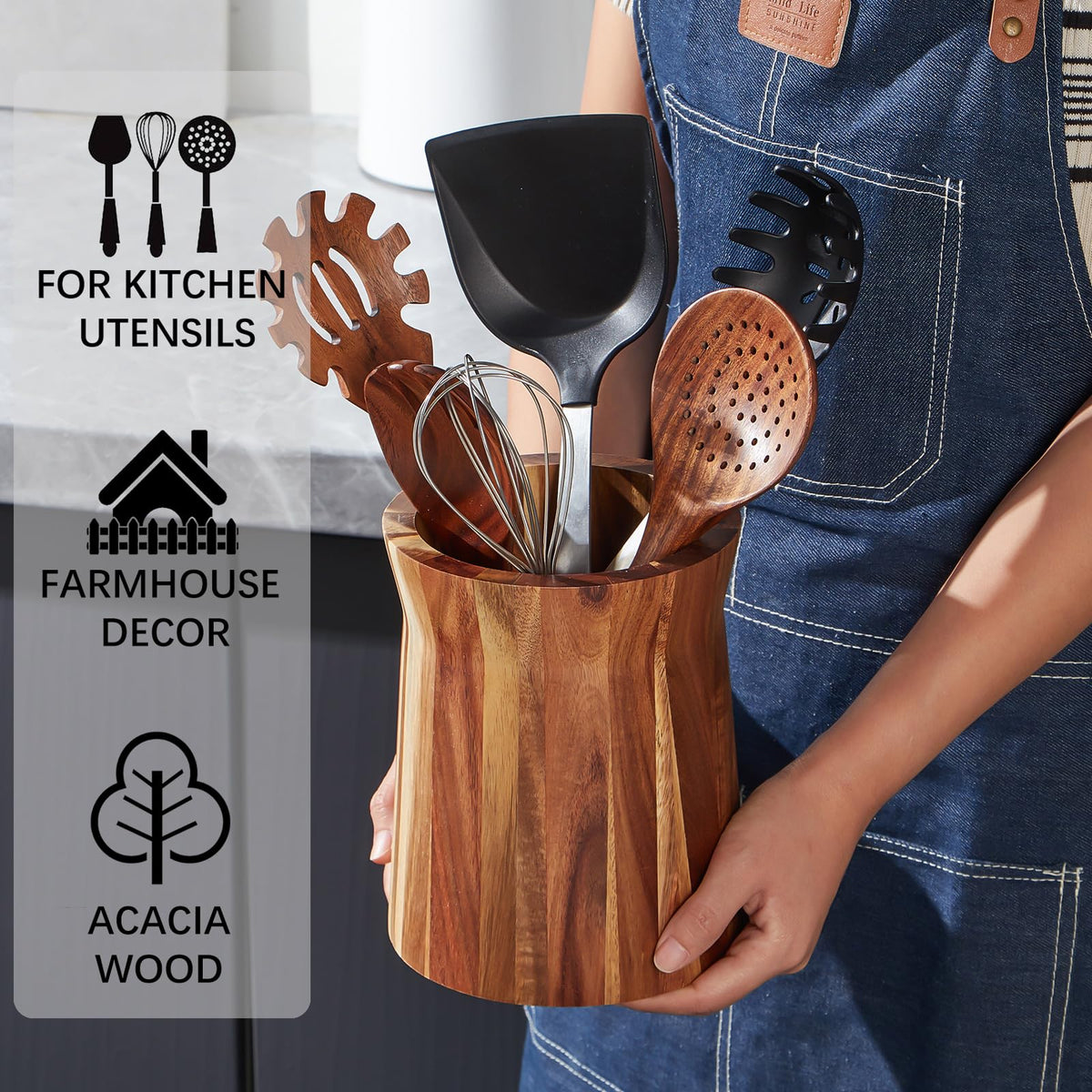 LOHONER Wooden Utensil Holder for Countertop, 360° Rotating Kitchen Utensil Holder, 7.2"x 6" Large Acacia Wood Crock, Farmhouse Kitchen Decor
