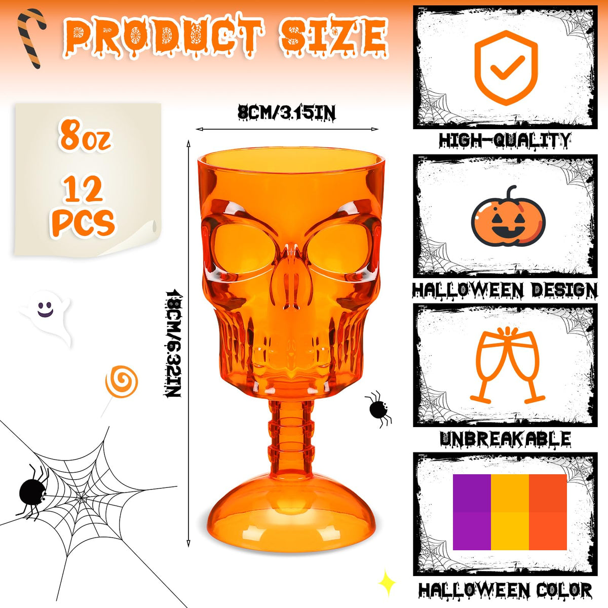 Bokon Set of 12 Halloween Cups Skull Goblets Gothic Party Table Decorations Plastic Wine Goblet Halloween Party Supplies Skeleton Themed Centerpiece(Orange)