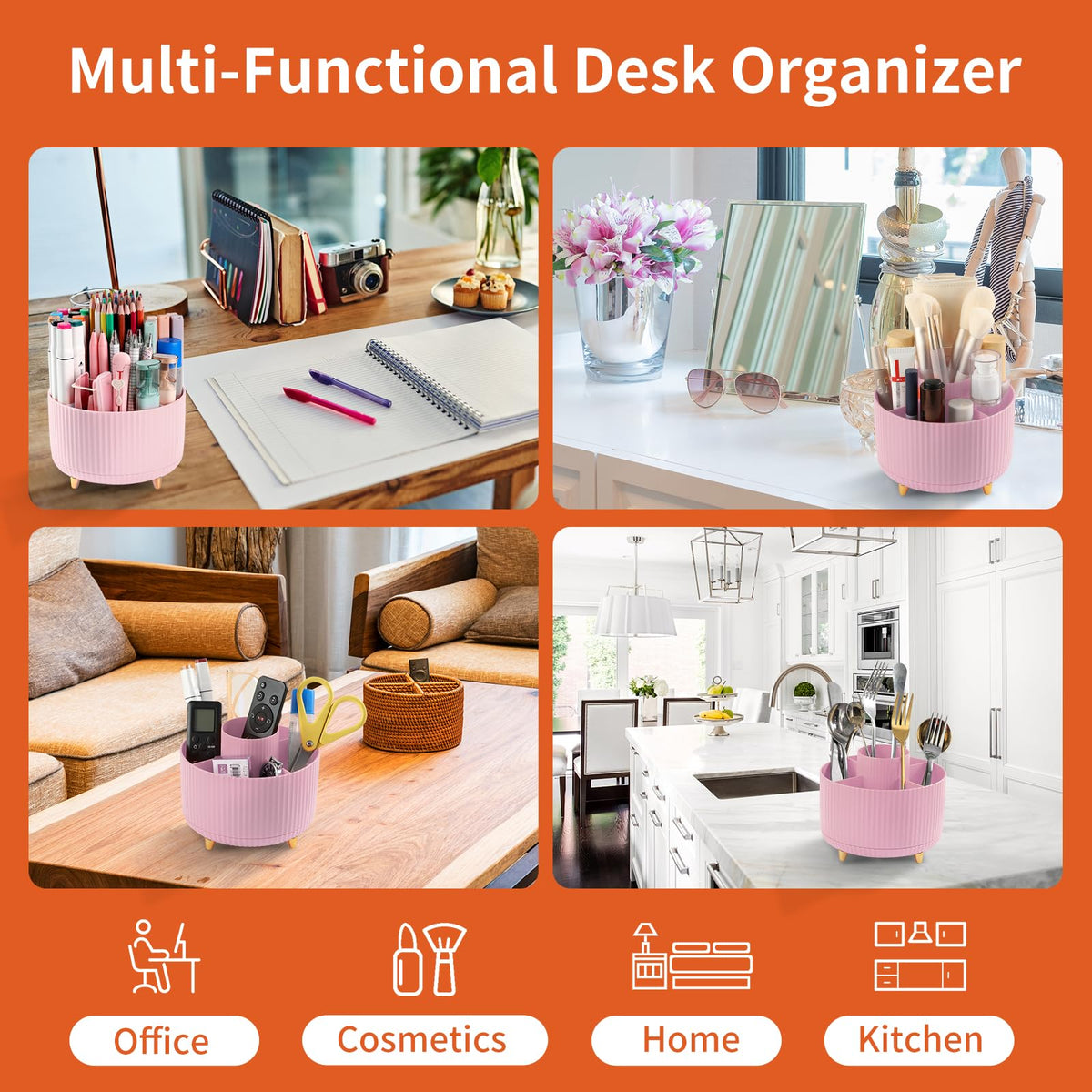 EDENMS Desk Pencil Pen Holder, 5 Slots 360°Degree Rotating Organizers for Desk, Desktop Storage Stationery Supplies Organizer, Cute Cup Pot Office, School, Home, Art Supply, Pink