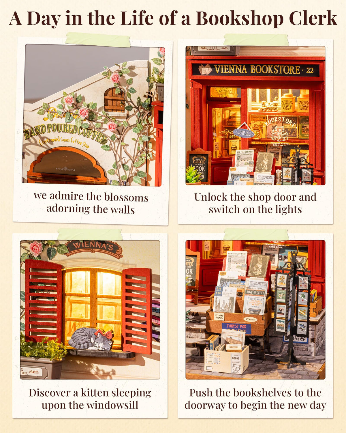 Rolife Book Nook Kit, Vienna Bookstore DIY Miniature Dollhouse Kit with LED Light, 1:18 Scale Miniature Wooden Puzzle for Adults, Mini Building Kit Bookshelf Library Theme Birthday Crafts Gift Decor