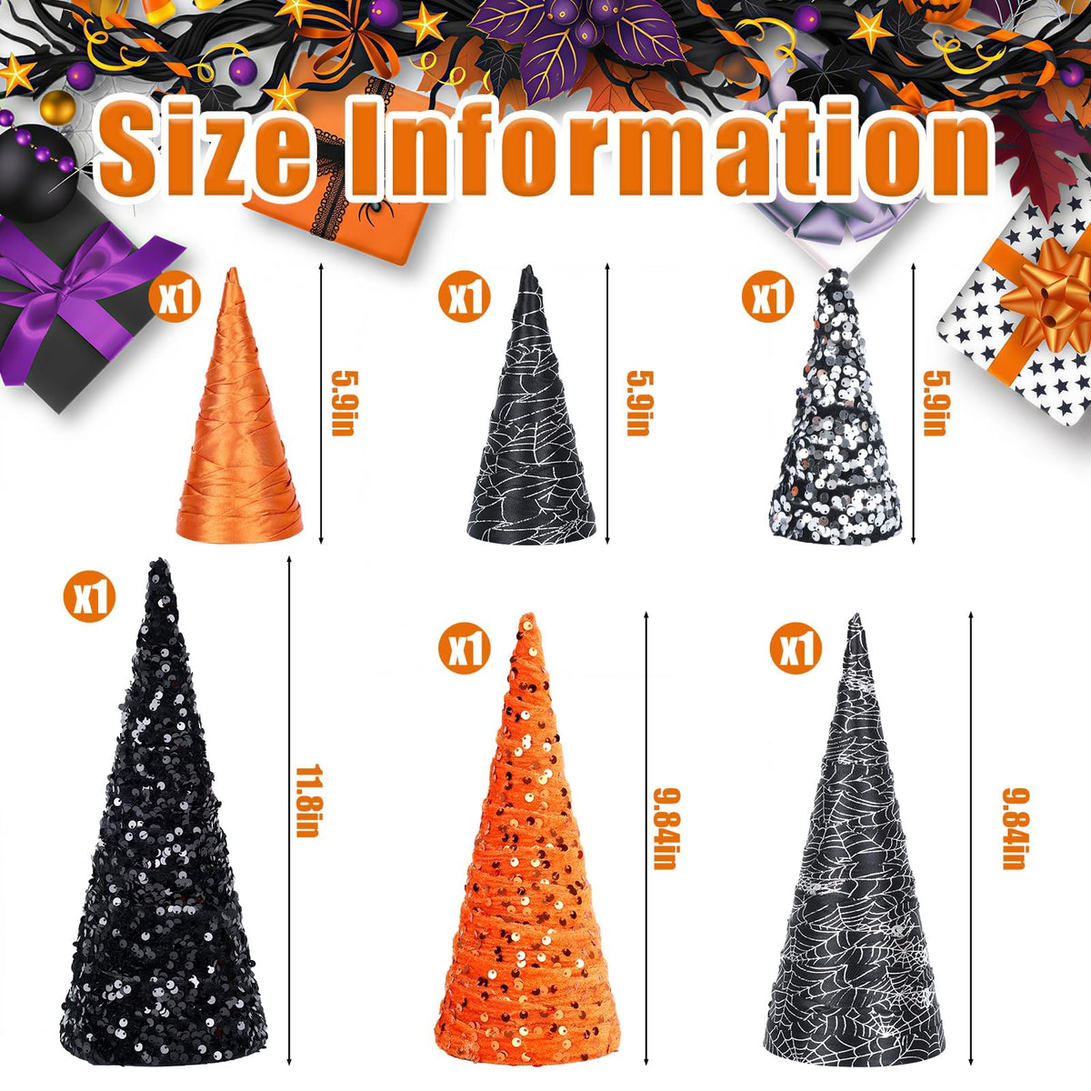 6 PCS 12" 10" 6" Cone Tree Decorations Halloween Sequin Satin Table Centerpieces Decor Black Orange Spider Web Halloween Tiered Tray Ornament Xmas Tree for Home Entryway Tabletop Centerpiece Decor