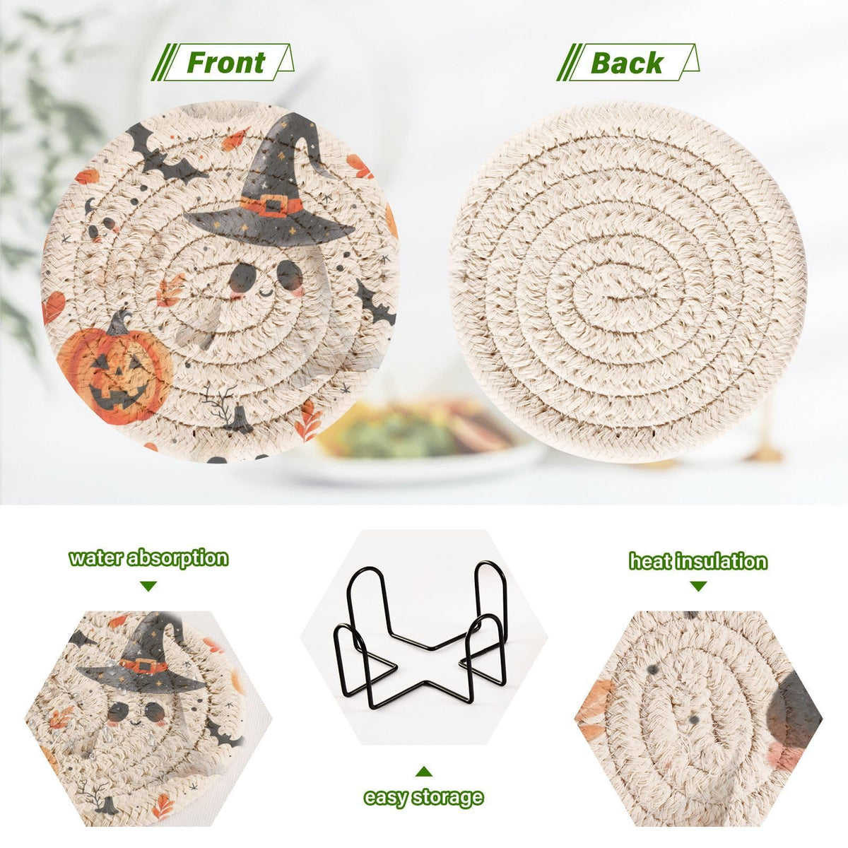 Msyxl Cute Halloween Drink Coasters Set - 6 Pcs Minimalist Woven Coasters with Holder for Home Decor, 3.94 Inch Absorbent Coasters for Drinks