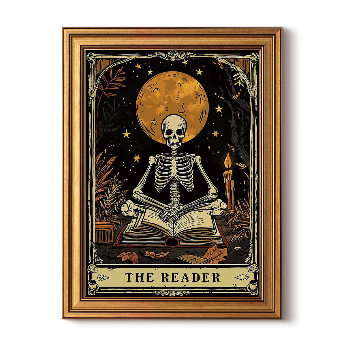 HUARCEY Gold Framed Canvas Wall Art, Skeleton Reader Tarot Picture Decor, Library Reading Room School Decor, Book Lover Witchy Gothic Halloween Canvas Paintings, 12x16inch
