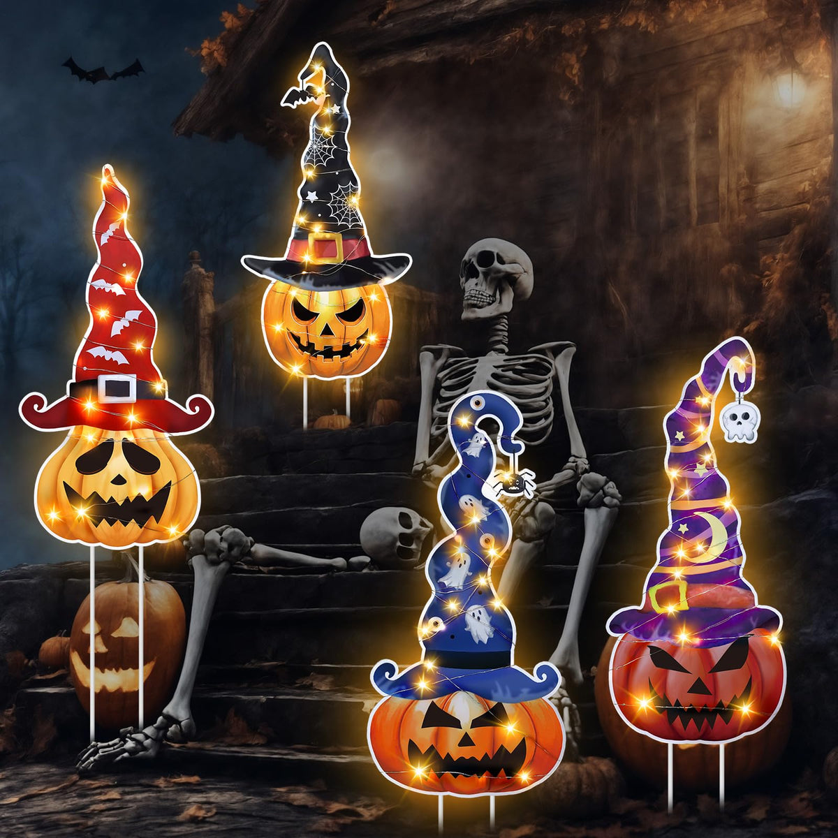 Leinuosen 4 Set Halloween Yard Signs, Pumpkin Garden Stakes with Witch Hats Jack O' Lantern Pumpkin Outdoor Decor Plastic Halloween Art Stake for Garden Lawn Patio Porch Party Decorations
