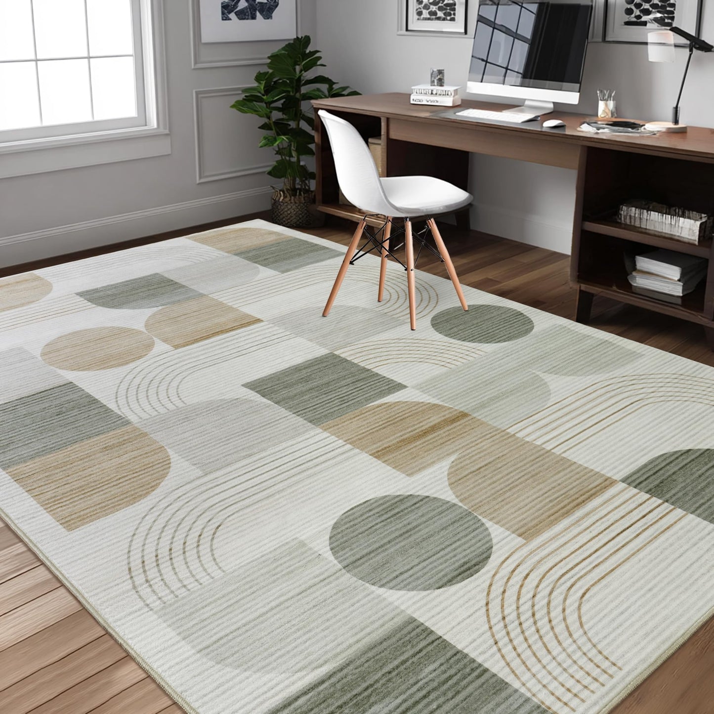 QDUIDU Large Machine Washable 5x7 Area Rug, Soft Modern Geometric Abstract Beige Rugs for Bedroom Living Room, Non-Shedding Faux Wool Indoor Throw Floor Carpet for Office Entryway Dining Room Decor