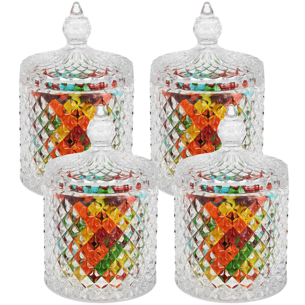 Hedume 4 Pack Crystal Diamond Faceted Jar with Crystal Lid, Glass Food Storage Organization Set Suitable as Candy Dish, Cookie Tin, Decorative Sugar Bowl (Diameter 3.3 Inch)