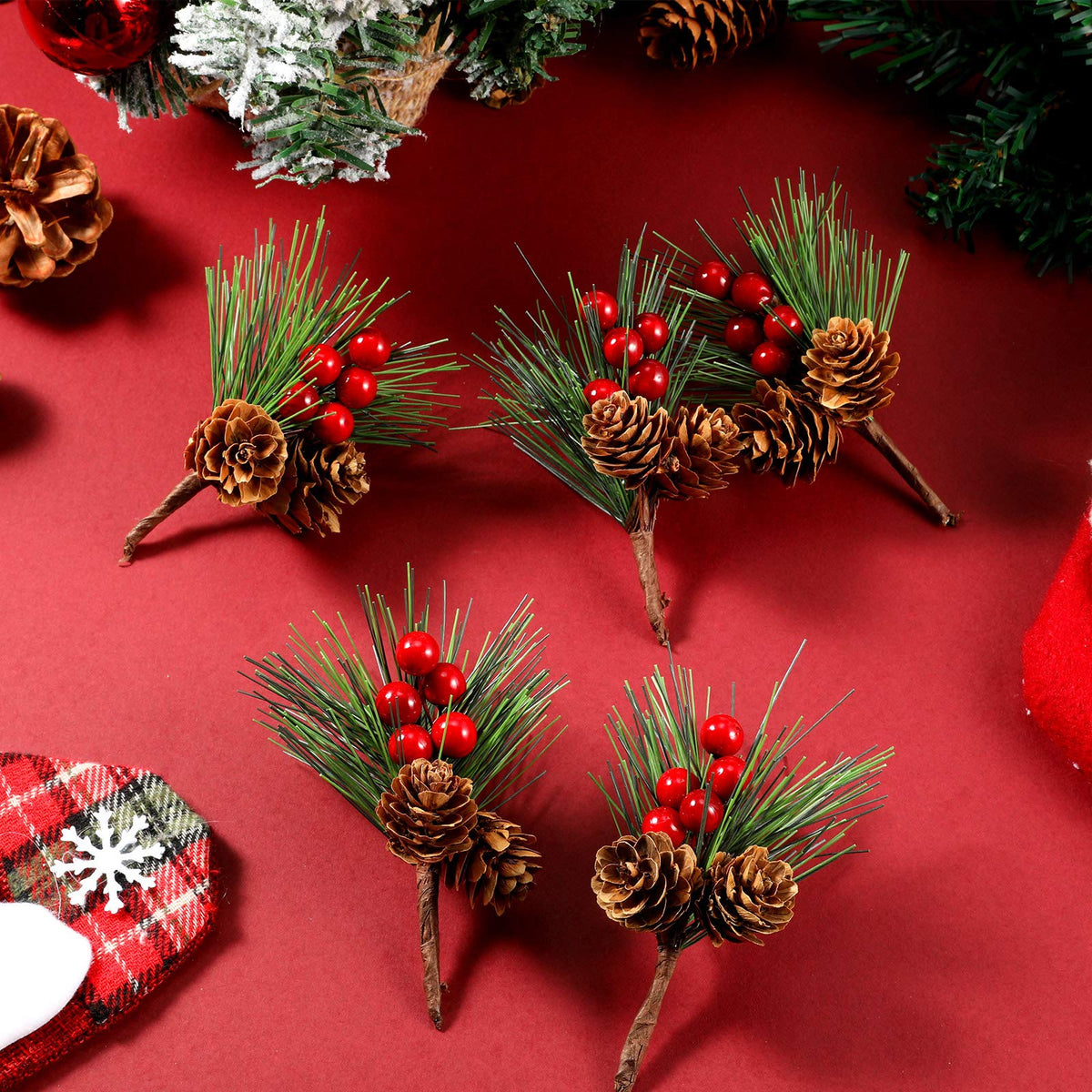 WILLBOND 24 Pieces Christmas Floral Picks, Artificial Pine Picks Christmas Pine Needles Branches with Berry Pinecones Fake Berries for Flower Arrangements Wreaths Xmas Tree Decoration(Red)