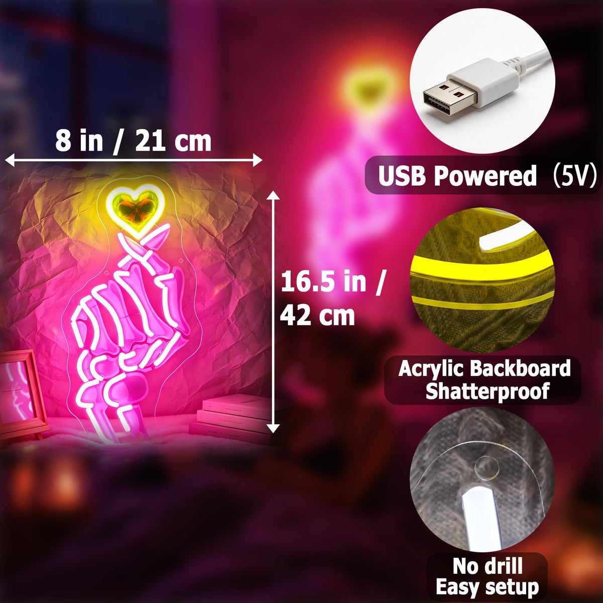 HSJNJKFU Pink & Yellow Neon Sign for Wall Decor Led Light Sign Neon Light for Room Party Home Wall Decor USB Powered - Skeleton Finger Heart