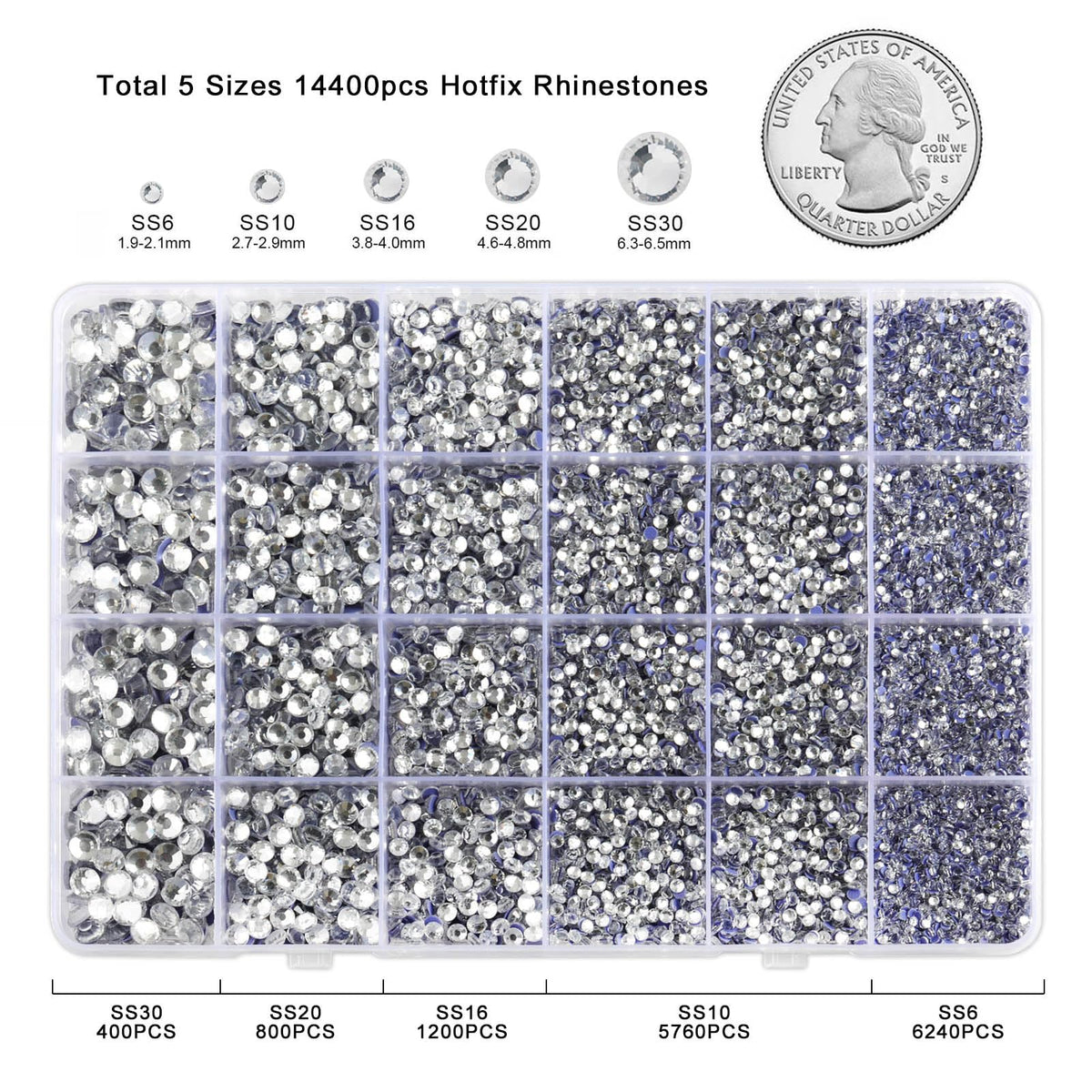 Crystal Hotfix Rhinestones Multi Sizes Kit, 14400 pcs Heat Fix Rhinestone for Bedazzling Clothes Crafts Mixed 5 Sizes with Wax Pencil, Tweezers and Spoon, SS6-SS30, Crystal
