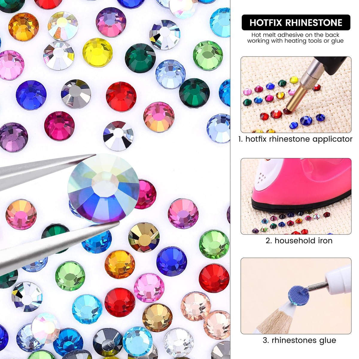 24 Colors Hotfix Rhinestones Kit, SS30 Glass Flatback Crystals for Clothes, Hats, Shoes & Crafts with 4 Tools, Tweezers, Wax, Pencil, Spoon hot fix kit（Color B）