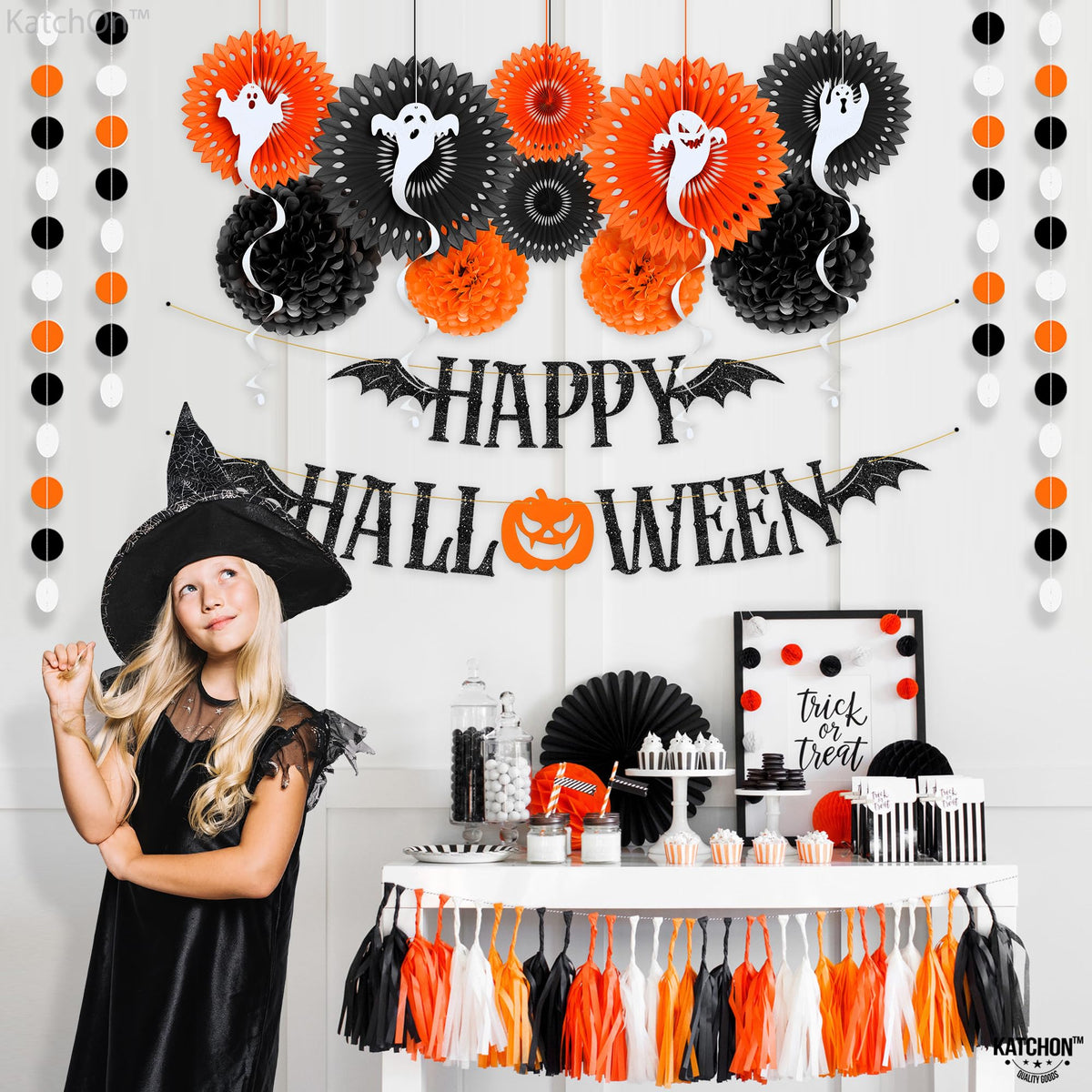 KatchOn, Halloween Banner & Fringe Set-Pack of 23 | Paper Fan Glittery Happy Halloween Garlands, Ghost Hanging Swirls with Paper Lanterns & Honeycomb Set | Perfect for halloween Party.
