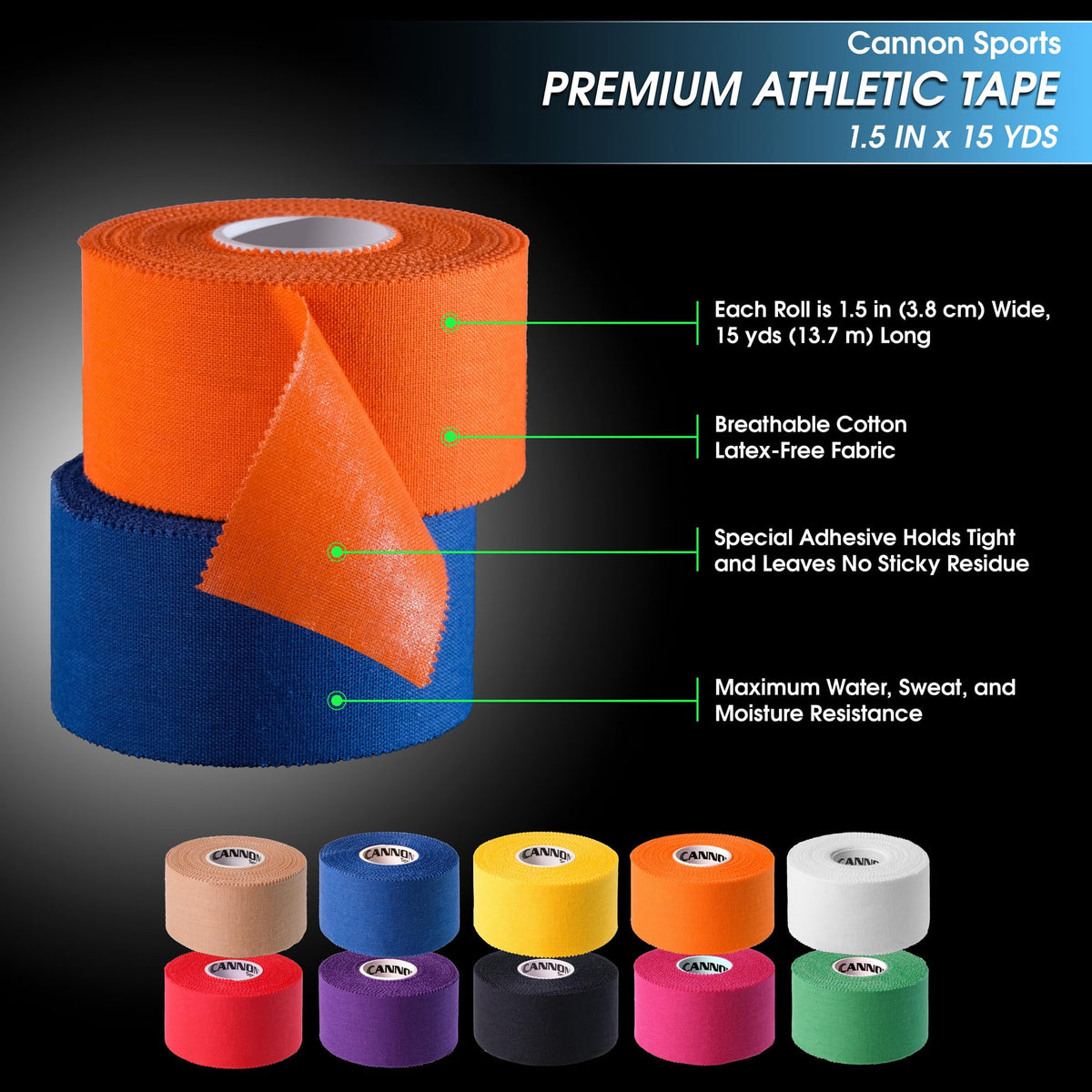 Cannon Sports Premium Athletic Tape - 1.5” x 45 Feet Per Roll - Easy Tear, No Sticky Residue, Very Strong, Hypoallergenic and Latex Free- Ideal for Sprains, Strains, First Aid – 1 Roll (Natural)